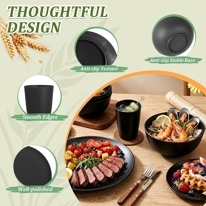 PYRMONT 40 PCS Plates and Bowls Set Wheat Straw Plate Bowl Set Unbreakable Dishes Set for 8 Dishwasher & Microwave Safe Dinner Sets for Kitchen,New House,Dorm-Black