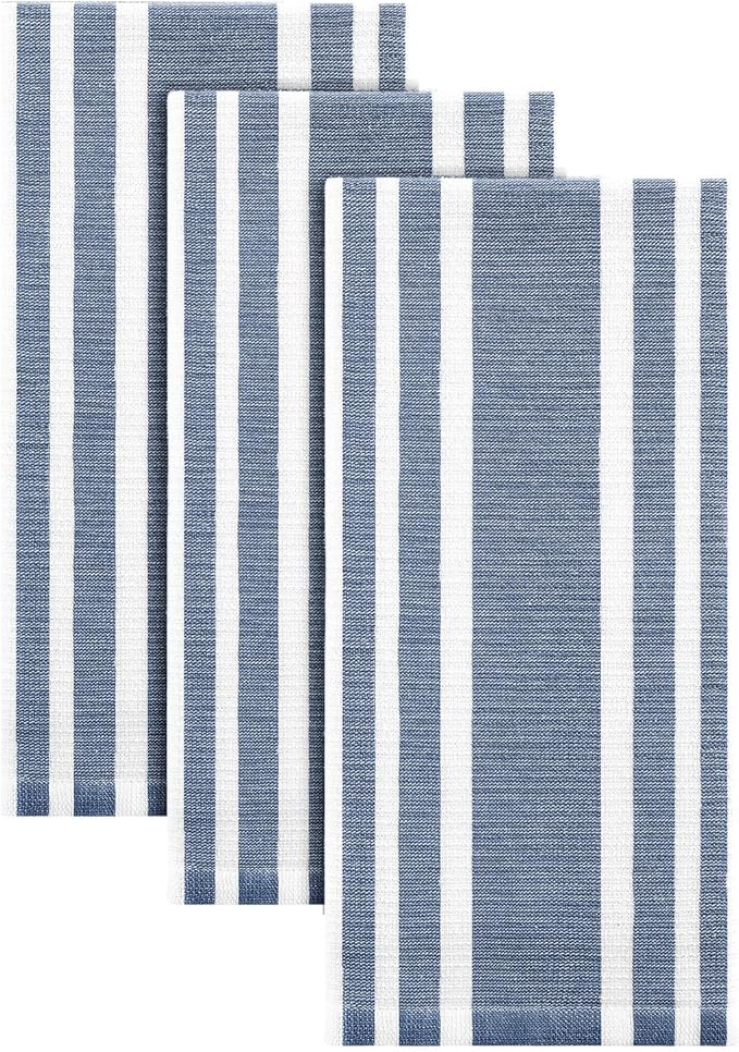 Homaxy Premium Cotton Stripe Kitchen Towels 3 Pack, 18"x 28", Navy Blue | Large 380 GSM Kitchen Hand Towels, Soft Terry Dish Towels, Highly Absorbent Tea Towel Set with Hanging Loop