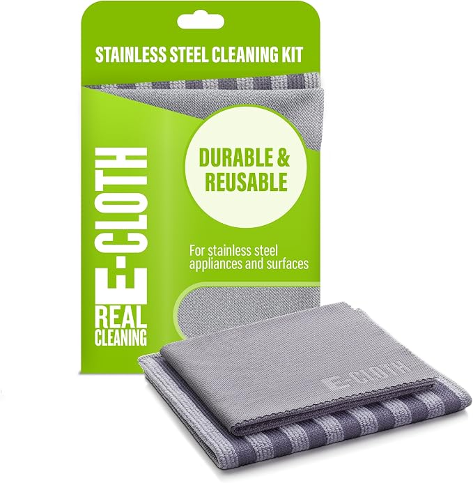 E-Cloth Stainless Steel Cleaning Cloth Pack - Wipes Clean with Water | Glass & Polishing + Stainless Steel Cleaner Cloth for Appliances, Cars & More, Reusable & Washable Towels