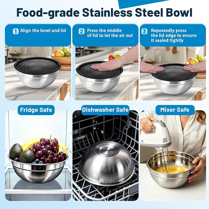 Stainless Steel Mixing Bowls with Lid and Colander Set | Size 6.3, 4.3, 3.6, 2.9QT,9Pcs Multipurpose Kitchen Metal Bowls with Grater,Colander,Egg Whisk,Separator for Baking Serving