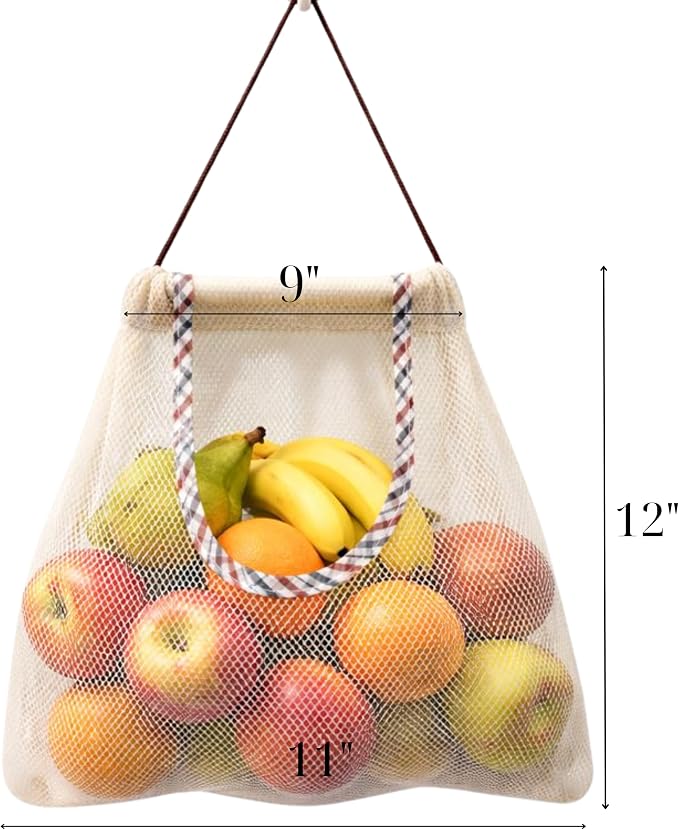 Reusable Hanging Storage Mesh Bags, White, 2 Bags & 2 Hooks | Durable, Breathable, For Fruits & Vegetables, Kitchen & Home Decor