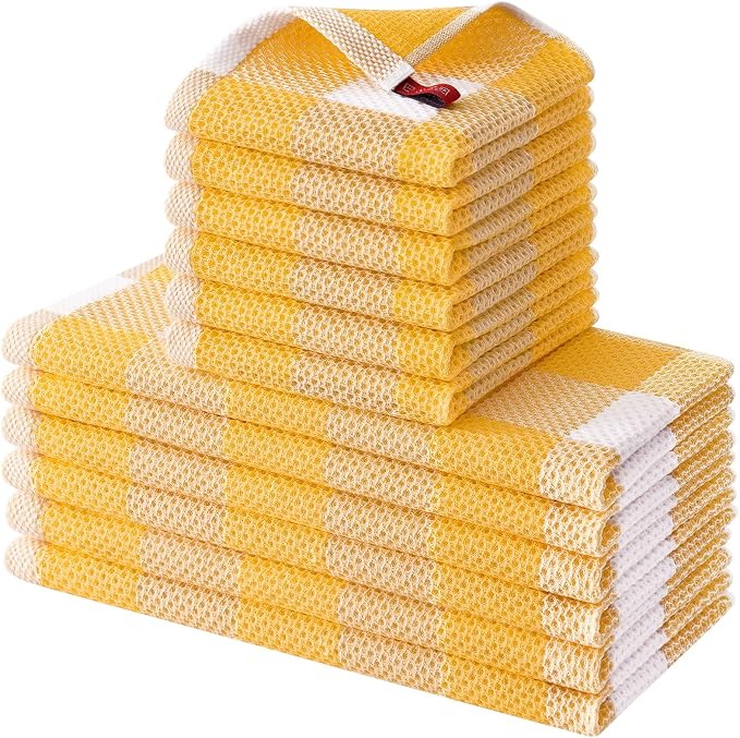 Homaxy Kitchen Towels and Dishcloths Set, Set of 12, White & Golden Yellow | Bulk Cotton Waffle Weave Check Plaid Kitchen Towels, Super Soft and Absorbent Dish Cloths, 12 x 12 and 13 x 28 Inches