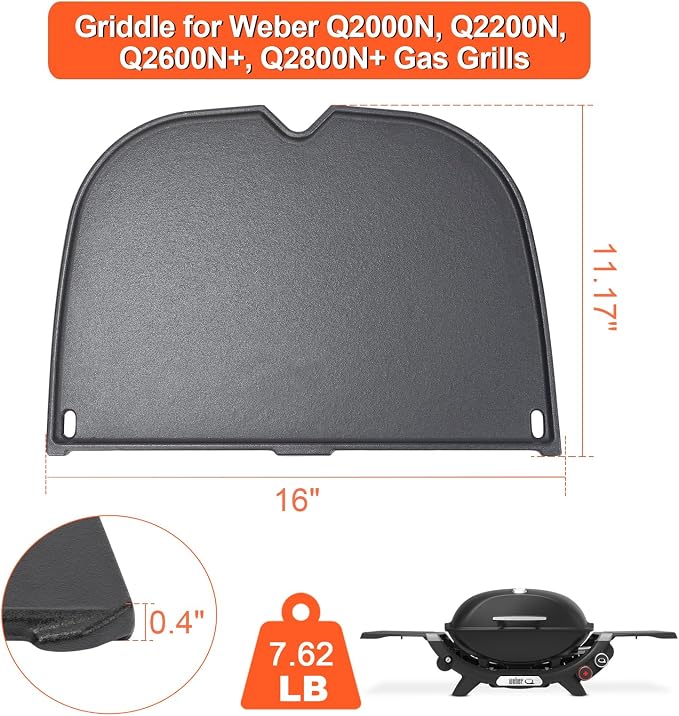 QuliMetal Cast Iron Griddle for Weber Q2000N, Q2200N, Q2600N+ & Q2800N+ | Half griddle design allows simultaneous griddle and grate cooking, ideal for breakfast, seafood, bacon and vegetables.