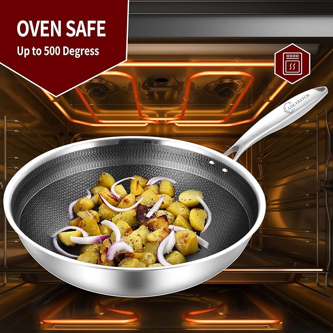 LOLYKITCH Hybird Nonstick Wok Pan with Lid | 10-Inch | Rivented Handle | Non Toxic | Tri-Ply Stainless Steel | Ceramic Coating | Stir Fry Pan | Induction Compatible | Dishwasher & Oven Safe