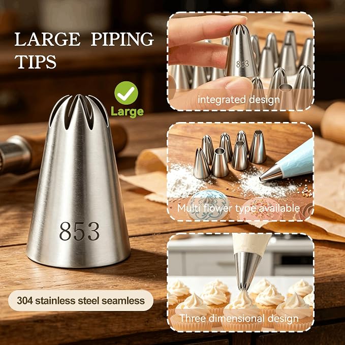 8Pcs Large Piping Tips Set, 304 Stainless Steel Cake Piping Tips, Pastry Frosting Icing Tips for Decorating Cookies, Cupcakes & Birthday Cake, Dishwasher Safe