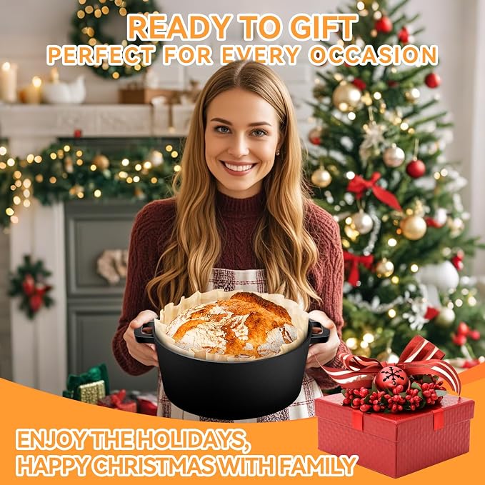 Cast Iron Dutch Oven for Bread Baking, 2-in-1 Pre-Seasoned Dutch Oven Pot | Banneton Bread Proofing Basket Sourdough Bread Baking Supplies, Dutch Oven Pot with Skillet Lid Cooking Pan Handles Lame, 5QT