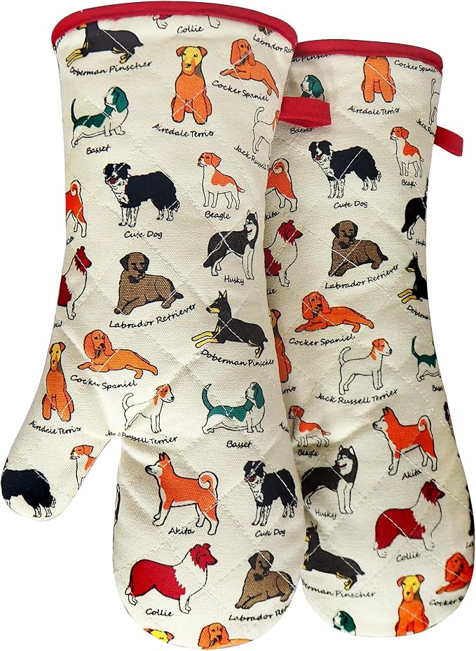 Oven Mitts Cotton Fashion Cute Dog Design 1 Pair | Heat Resistant Oven Gloves Safe Cooking Baking Grilling Barbecue Machine Washable Pot Holders (Dog Flower)