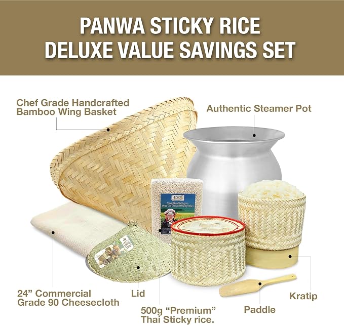 Sticky Rice Deluxe Value Savings Set - Includes Steamer Pot, Handcrafted Bamboo Wing Basket & Lid, 24” Grade 90 Cheesecloth, Kratip & 500 g. Premium Thai Sticky Rice with Paddle