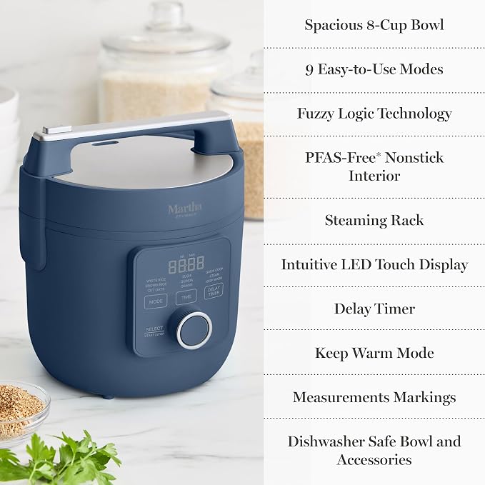 Martha Stewart 8 Cup Cooked (4 Cup Uncooked) Rice Cooker & Steamer, Navy | PFAS-Free Ceramic Nonstick Removable Pot, 9 Modes, Keep Warm, Steamer, White & Brown Rice, Quinoa, Grains, Oats, Easy Clean