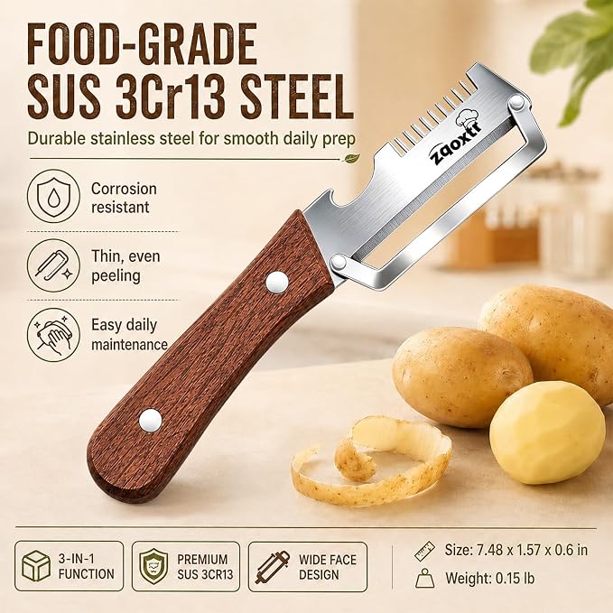 3-in-1 Multifunctional Vegetable Peeler for Kitchen | Sharp Stainless Steel Blade with Wooden Handle, Scallion Shredder and Bottle Opener Fruit and Vegetables. 2Pcs