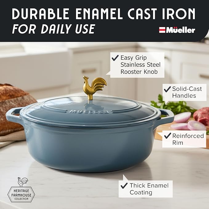 MUELLER HOME 5.5 Quart Enameled Cast Iron Oval Dutch Oven w Rooster Knob & Cotton Potholders, Heavy-Duty Cookware, Oven-Safe up to 500° F & Across All Cooktops, Gifts for Grandma & Women, Mineral Blue | w Rooster Knob & Cotton Potholders, Heavy-Duty Co...