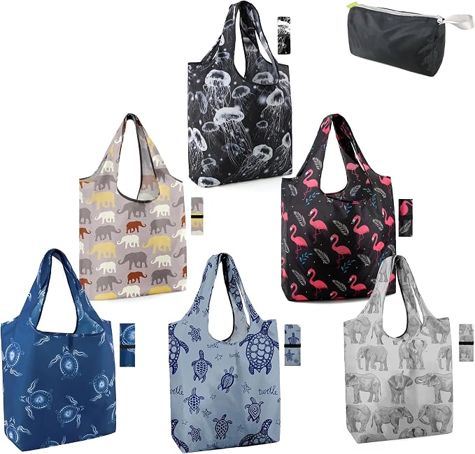 BeeGreen Turtle Reusable Grocery Bags Frog Elephant Penguin Jellyfish Shopping Bags Bulk 50LBS X-Large Heavy Duty 6 Pieces