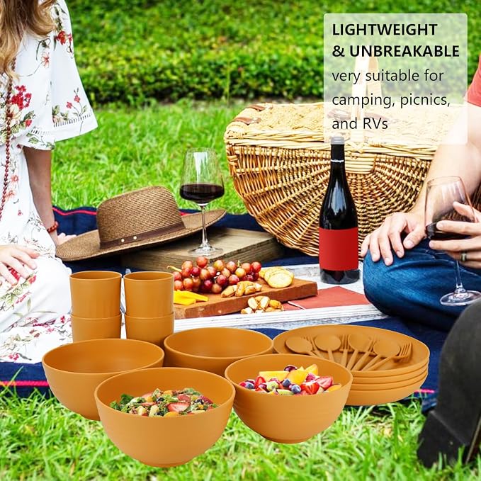 28-Piece Wheat Straw Dinnerware Sets, Microwave & Dishwasher Safe Unbreakable Dinnerware Set, Reusable Dishware Sets, Lightweight Camping Dishes, Plates, Cups, Cereal Bowls for 4(Yellow Orange)