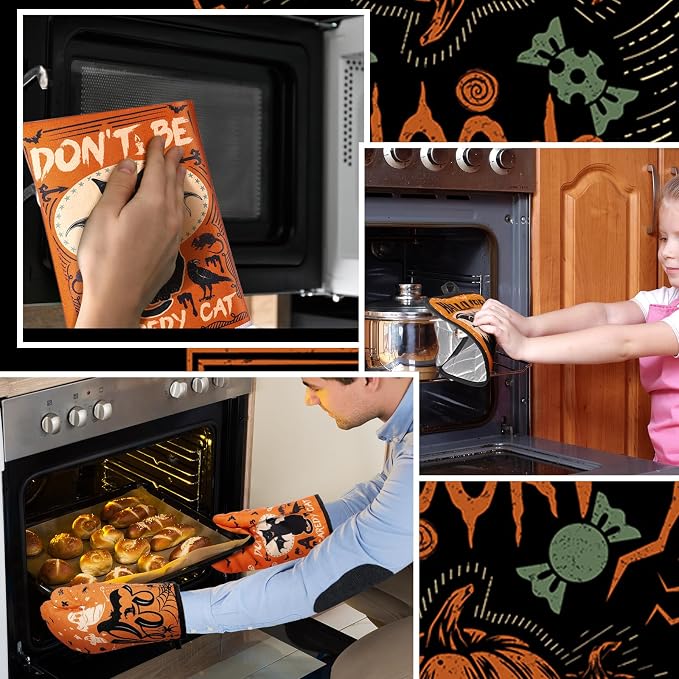 SiliFine 12 Pcs Halloween Kitchen Towels Oven Mitts Pot Holders Set | Skull Raven Owl Witchy Ghost Print, Kitchen Accessories for Cooking Baking, Gothic Home Decoration, Halloween Party Supplies