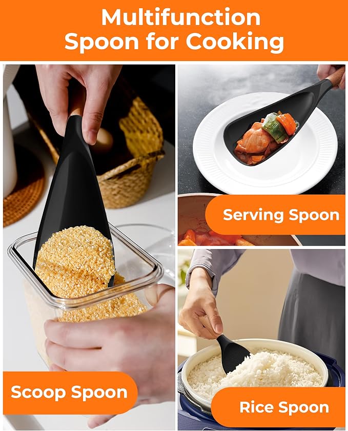 Cooking Spoon Multifunction Spoonula Silicone Spatula Spoon 2-Pack, Dual-Use Heat Resistant 446°F, BPA-Free Non-Toxic Wooden Handle Rice Spoon Set for Non-Stick Cookware & Rice Cookers