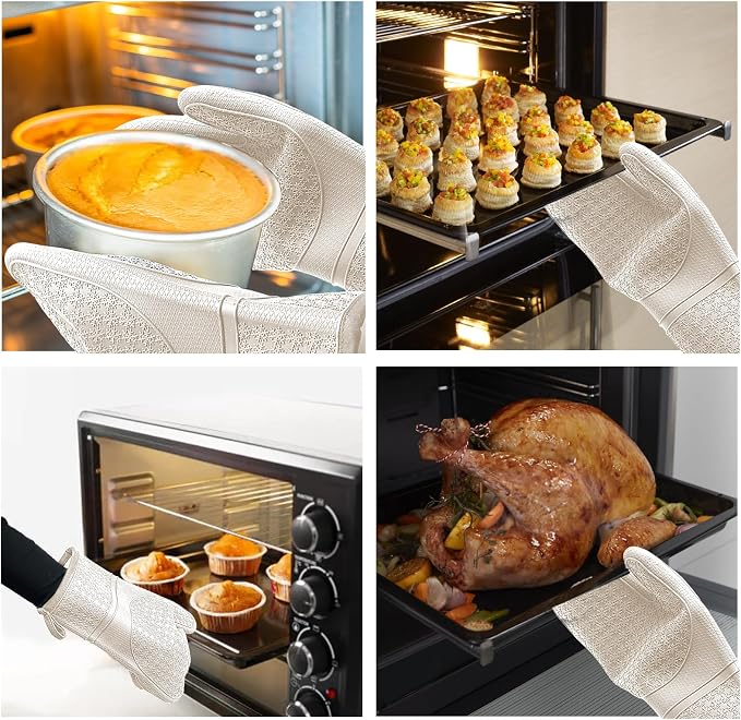 Hovico Silicone Oven Mitts, Heat Resistant 500F Kitchen Mitts 2PCS, 11.6" BPA-Free Soft Baking Gloves, Non-Slip Grip Oven Gloves with Soft Cotton Lining for Kitchen Cooking Baking BBQ - Apricot