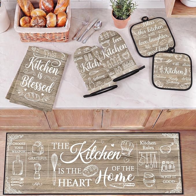 10 Pcs Kitchen Decor and Accessories Set, Farmhouse Brown | Rustic Wood Baking 4 Dish Towels Kitchen Rugs 2 Oven Mitts 2 Pot Holders, Home Decor for Cooking Baking BBQ Housewarming