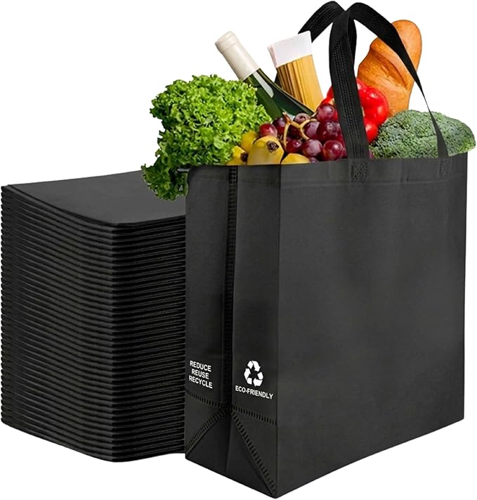 Simply Cool 50 Pack Reusable Grocery Bags, Medium Tote Bags Bulk, Black | 12.6"x6.3"x11.8" Heavy Duty Non-woven Custom Shopping Bags with Handles, Foldable, Washable for Retail and Commercial use