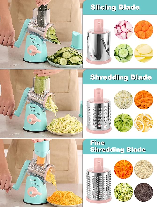 Geedel Rotary Cheese Grater Hand Crank, Cheese Shredder Vegetable Slicer | 5 Blades, 430 Stainless Steel, 12x Fast Cutting, Strong Suction Base, No BPA, Dishwasher Safe, for Cheese, Veggie, Nut