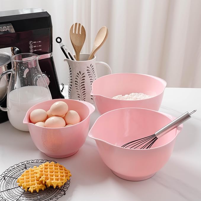 Nesting Melamine Mixing Bowl Set with Pour Spouts, Set of 3, Nesting Design Saves Space, Non-Slip, Size 2, 2.9 and 3.9qt, for Prepping, Mixing, Baking, Cooking, Pink
