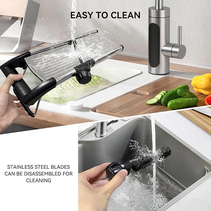Mandoline Slicer, Adjustable Stainless Steel Slicer, Food Holder and Gloves | Adjustable stainless steel blade slices potato, onion and tomato with food holder and safety gloves for safer daily meal prep