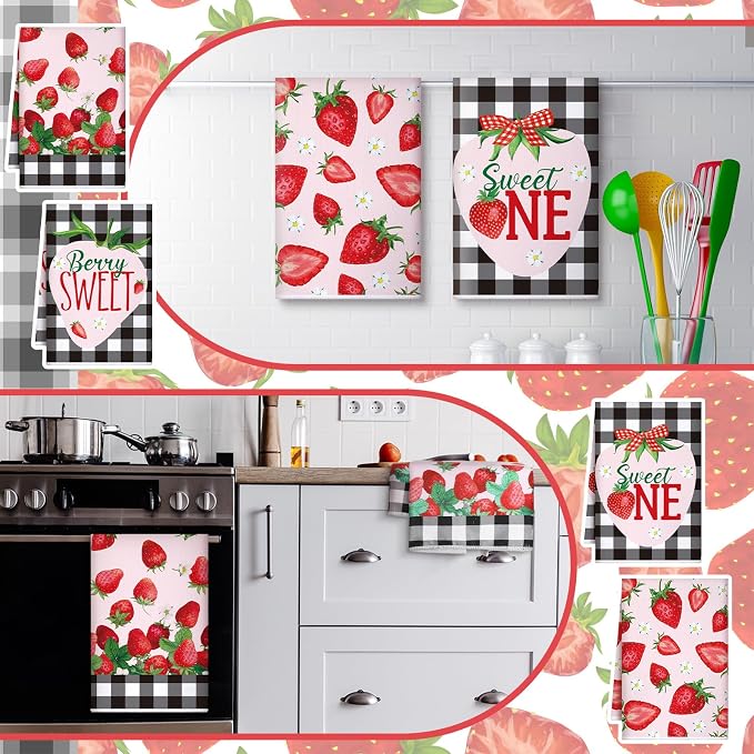 4 Pcs Strawberry Kitchen Towels Berry Hand Dish Towels Gifts | Absorbent Black Red Grid Tea Towel Fast Drying Housewarming Gift for Kitchen Bathroom Holiday Summer Strawberry Party Decor