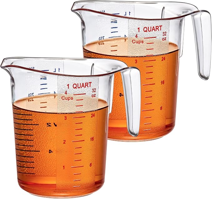 Melissa - 32-Ounce Plastic Measuring Pitcher (2-Pack), 4-Cup (1-Quart) Food-Grade Measuring Jug, Unbreakable, Stackable, Dishwasher-Safe, Great for Oil, Vinegar, Flour, and More