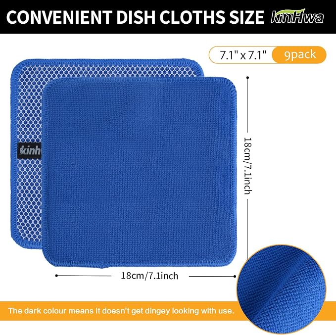 Dish Cloths for Washing Dishes with Scrub Side, Microfiber Dish Rags | Dual-sided microfiber dish cloths with scrubber for stuck-on food, quick dry kitchen washcloths 9 Pack, 7Inch Mixed Colors