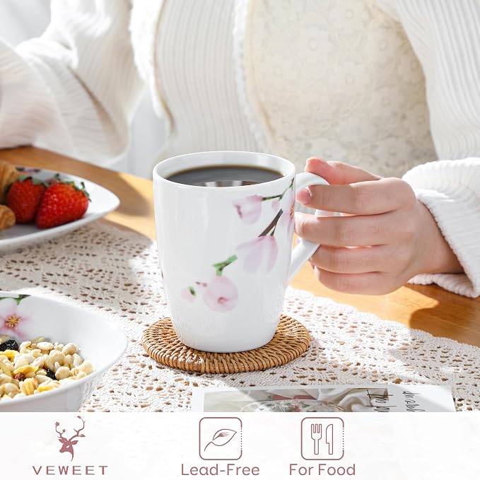 VEWEET Coffee Mugs Set of 6, 11 OZ Floral Ceramic Mugs, ANNIE | 11 OZ Floral Ceramic Coffee Mugs ANNIE Series, Microwave and Dishwasher Safe, Perfect for Tea, Coffee, and Gifting