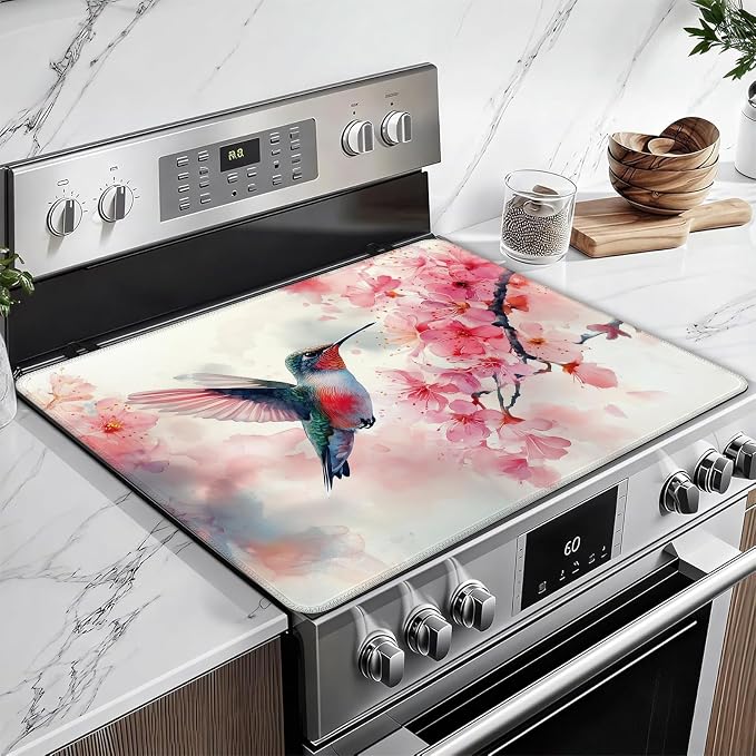 HummingBird Cherry Blossom Stove Top Covers for Electric Stove, Spring Flower Electric Gas Stove Pad Heat Resistant Range Cooktop Protector for Home Decor Kitchen 28"x20"