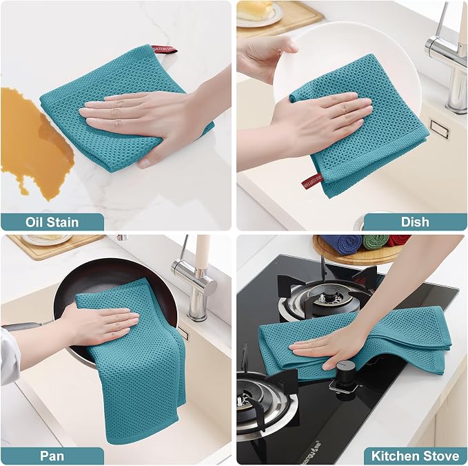 Homaxy 12 Pack 100% Cotton Kitchen Towels and Dishcloths Set, Lake Blue | 12 x 12 Inches and 13 x 28 Inches Kitchen Towels Set, Ultra Soft Absorbent Dish Cloths for Washing Dishes