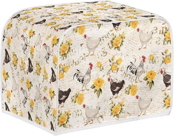 Flowers Rooster Printed Toaster Cover 4 Slice Long Slot, Vintage Bread Maker Cover Washable Dust Protection Kitchen Small Appliance Covers with Top Hook