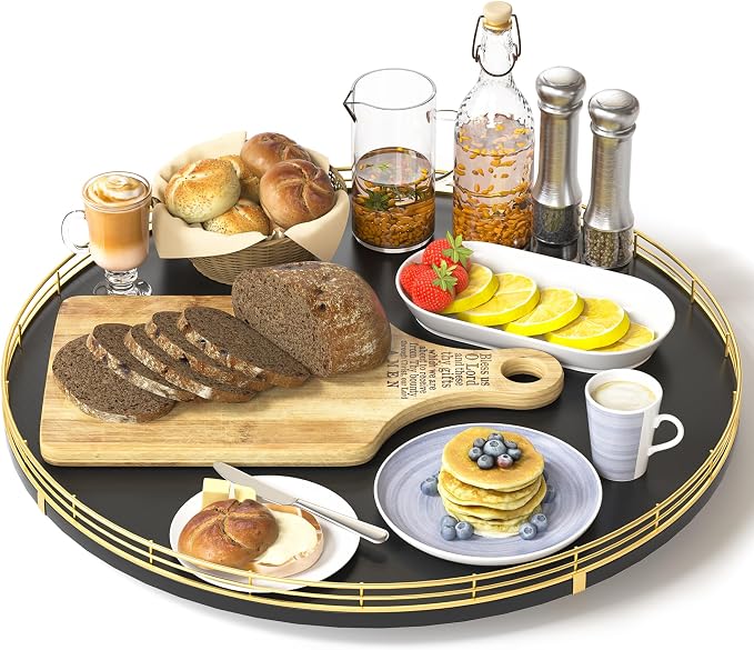 Oroyutor 16-Inch Oak Lazy Susan Organizer with Gold Rail and Black Finish | Oak wood base, gold metal rail and smooth 360-degree rotation for dining tables, kitchen counters and spice storage.