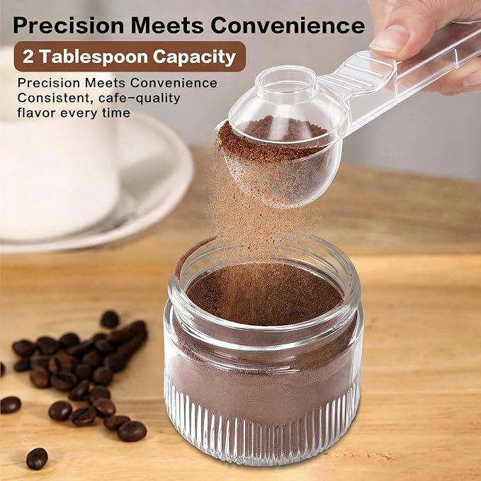 2-in-1 Coffee Scoop with Funnel, 2 Tbsp Measuring Spoon for Reusable K Cups, Ground Coffee, Protein Powder & Tea, Mess-Free Plastic Design (Black+Transparent, 2pack)