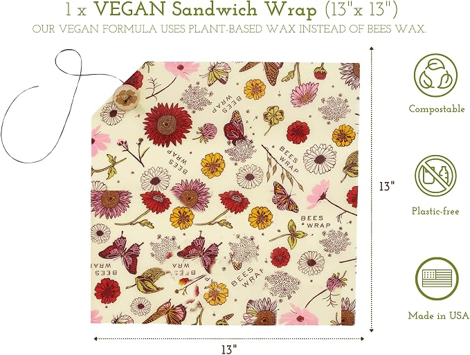 Bee's Wrap Vegan Sandwich Wrap - Meadow Magic | Button & Tie Closure - Plastic Free - Organic Plant Based Wraps - Reusable Lunch Wrap - Sandwiches & Snacks - Made in USA