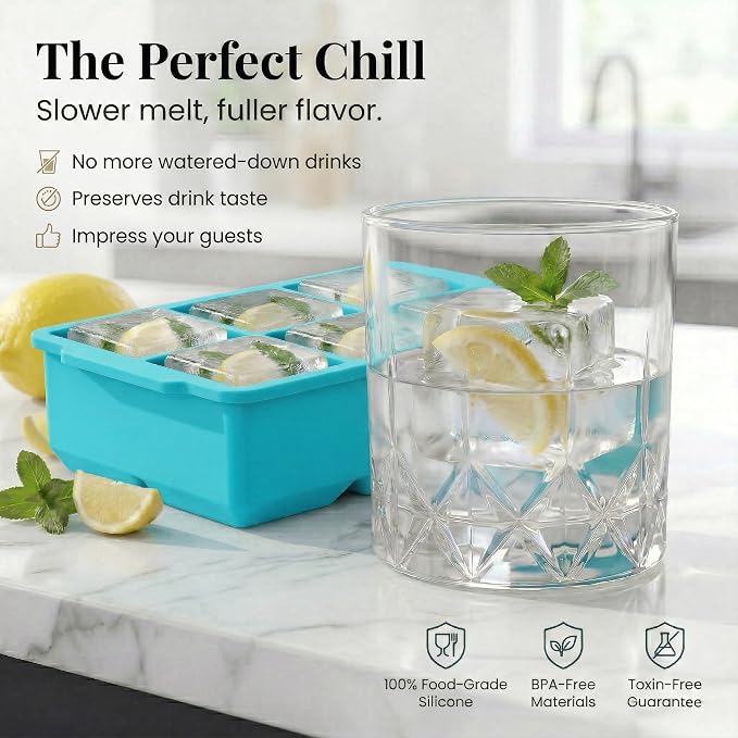 KitchFort® Large Silicone Ice Cube Tray (3-Pack) - 2" Big Ice Mold with Lid | Easy Release, Cocktail, Whiskey Ice Cubes Mold - Food Grade - Ice Cube Trays for Freezer - Stackable Silicone Ice Tray