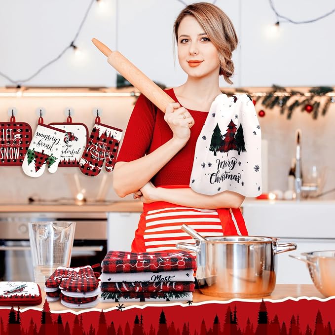 SiliFine 12 Pcs Christmas Buffalo Plaid Kitchen Accessories Set Red Black Check Pot Holders Reindeer Oven Mitts Xmas Tree Kitchen Towels for Christmas Home Decorations, Cooking Baking Holiday Gifts