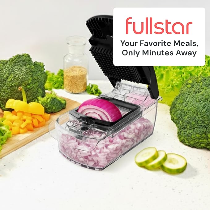 Fullstar Pro Original Vegetable Chopper & Spiralizer, Kitchen Prep Tool | 4 in 1 Veggie Slicer, Onion & Fruit Cutter with Sharp Stainless Steel Blades & Container, All-in-One Food Prep Tool (Clear)