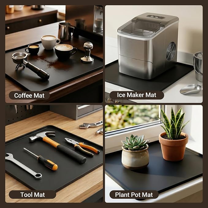 ZJWZLG Silicone Coffee Mat for Countertop, 16x16 inch - Heat Resistant Espresso Machine Mat with Raised Edge, Non-Slip Waterproof Station Pad, Compact Coffee Bar & Kitchen Accessories - Black