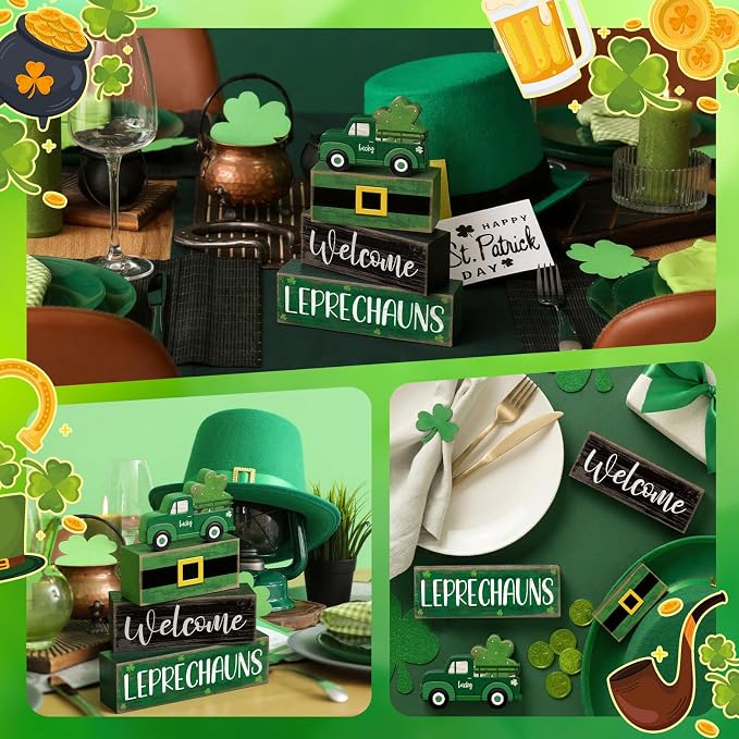 Lineshading 4 Pcs Wooden Leprechaun Block Signs Tiered Tray Decor | Rustic Farmhouse Shamrock Truck Signs, Stackable Tabletop Decor for St Patricks Day, Home Decor and Gifts