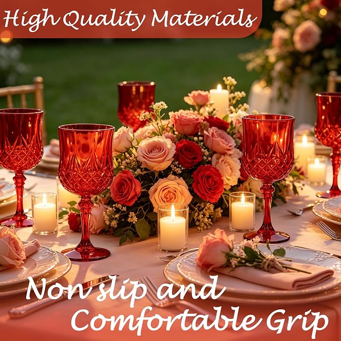 24Pack Plastic Wine Glasses, 7oz Vintage Goblets for Wedding | Unbreakable Crystal Style Reusable Stemware, Elegant Red Drinking Glass for Party Anniversary & Holiday Celebration