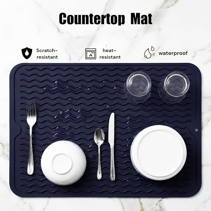 MicoYang Silicone Dish Drying Mat — Quick-Dry Ridges Counter & Sink Pad, Heat-Resistant Trivet to 450°F, Non-Slip & Dishwasher Safe, Roll-Up Storage, 18 Colors & 9 Sizes (Navy Blue, 16"×12")