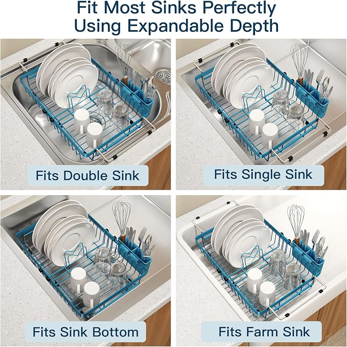 Blue Dish Drying Rack Over The Sink with Utensil Holder | Expandable Stainless Steel Dish Drainer for Small Kitchen, Apartment, RV, Counter Space Saving, Perfect Fit, Rustproof