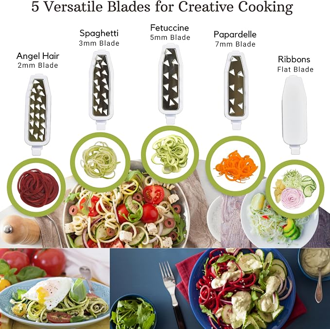 Brieftons QuickFold 5-Blade Spiralizer: Compact Foldable Manual Vegetable Spiralizer & Zucchini Noodle Maker, 5 Japanese Stainless Steel Blades, Spaghetti Maker for Potatoes, Keto Paleo Gluten-Free