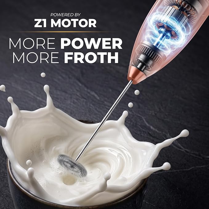 Zulay Kitchen Powerful Milk Frother Wand With Duracell Batteries - Ultra Fast Handheld Drink Mixer - Electric Whisk Foam Maker for Coffee, Lattes, Cappuccino & Matcha - Z1 Motor - Exec Peach Copper