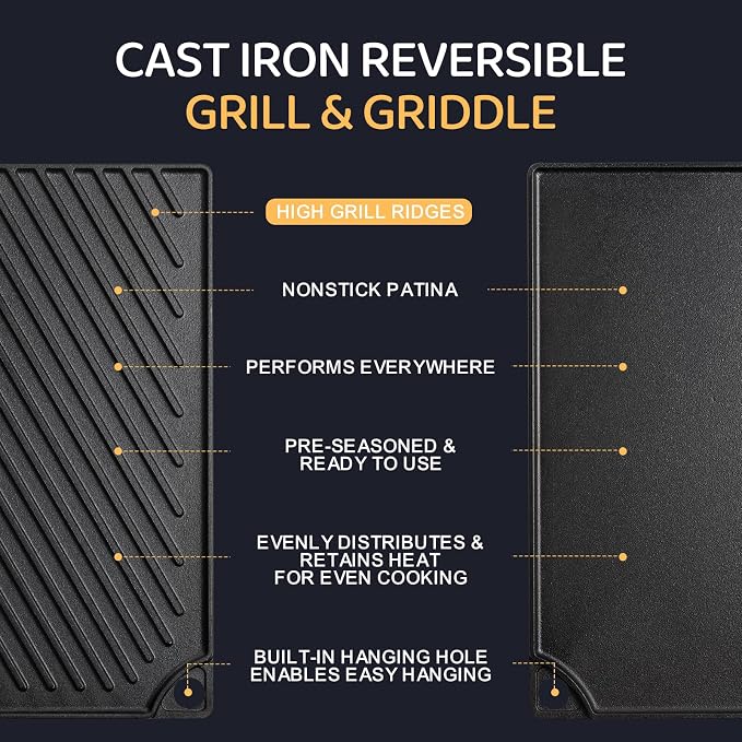 EWFEN Reversible Grill/Griddle, 16.7x9.5'' Pre-Seasoned Cast Iron Griddle Pan, Double Burner Cookware, Rectangular Stovetop Griddle with Handles, Flat Top Plate for Oven, Grill & Campfire