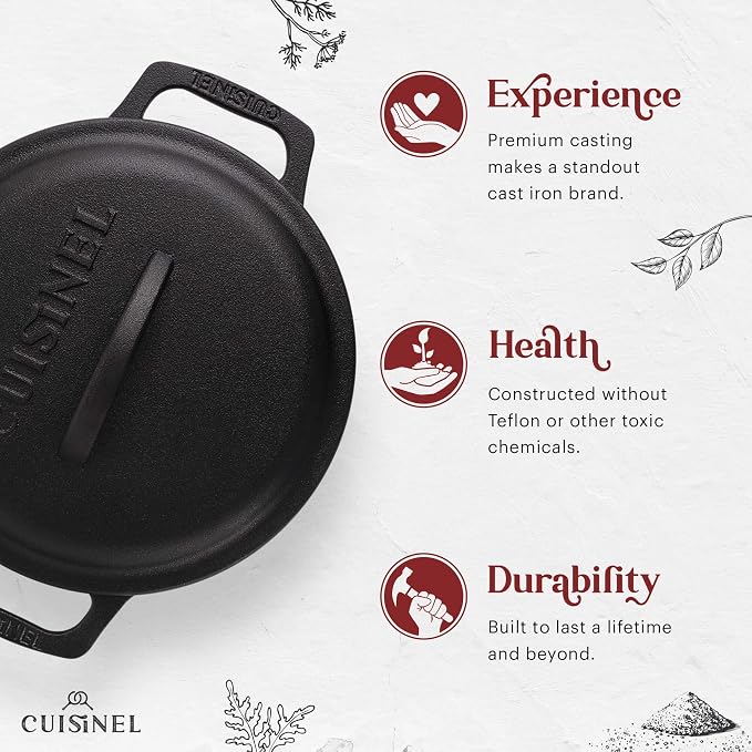 Cuisinel Cast Iron Dutch Oven - 5-Quart Deep Pot + Lid + Pan Scraper + Handle Cover Grips - Large Pre-Seasoned Cooker for Baking Bread, Soup, Frying - Indoor/Outdoor Kitchen, Camping, Fire, BBQ Safe