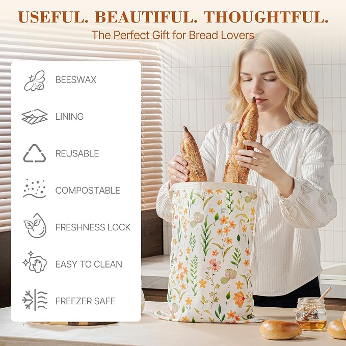 Bread Bags for Homemade Bread, Reusable Beeswax Bread Bag, 2 Pack Beeswax Bread Bags for Sourdough, Natural Cotton Beeswax Bags, Large Capacity