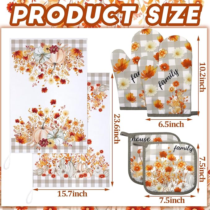 Leinuosen 6 Pack Fall Thanksgiving Kitchen Set with 2 Flower Dish Towels, 2 Pumpkin Pot Holders and 2 Buffalo Plaid Oven Mitts for Gifting, Baking, and Cooking Accessories