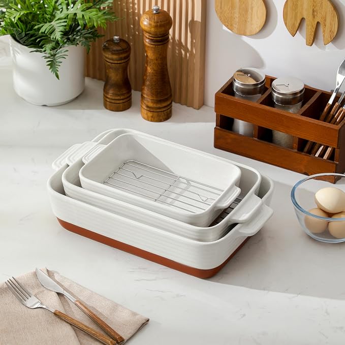 MALACASA Casserole Dishes for Oven with Roasting Racks, Ceramic Baking Dishes Set of 3, Baking Pan Casserole Dish Set, Rectangular Lasagna Pan Deep with Handles for Baking, Khaki White (14.5''/13''/10.5''), Series TARA